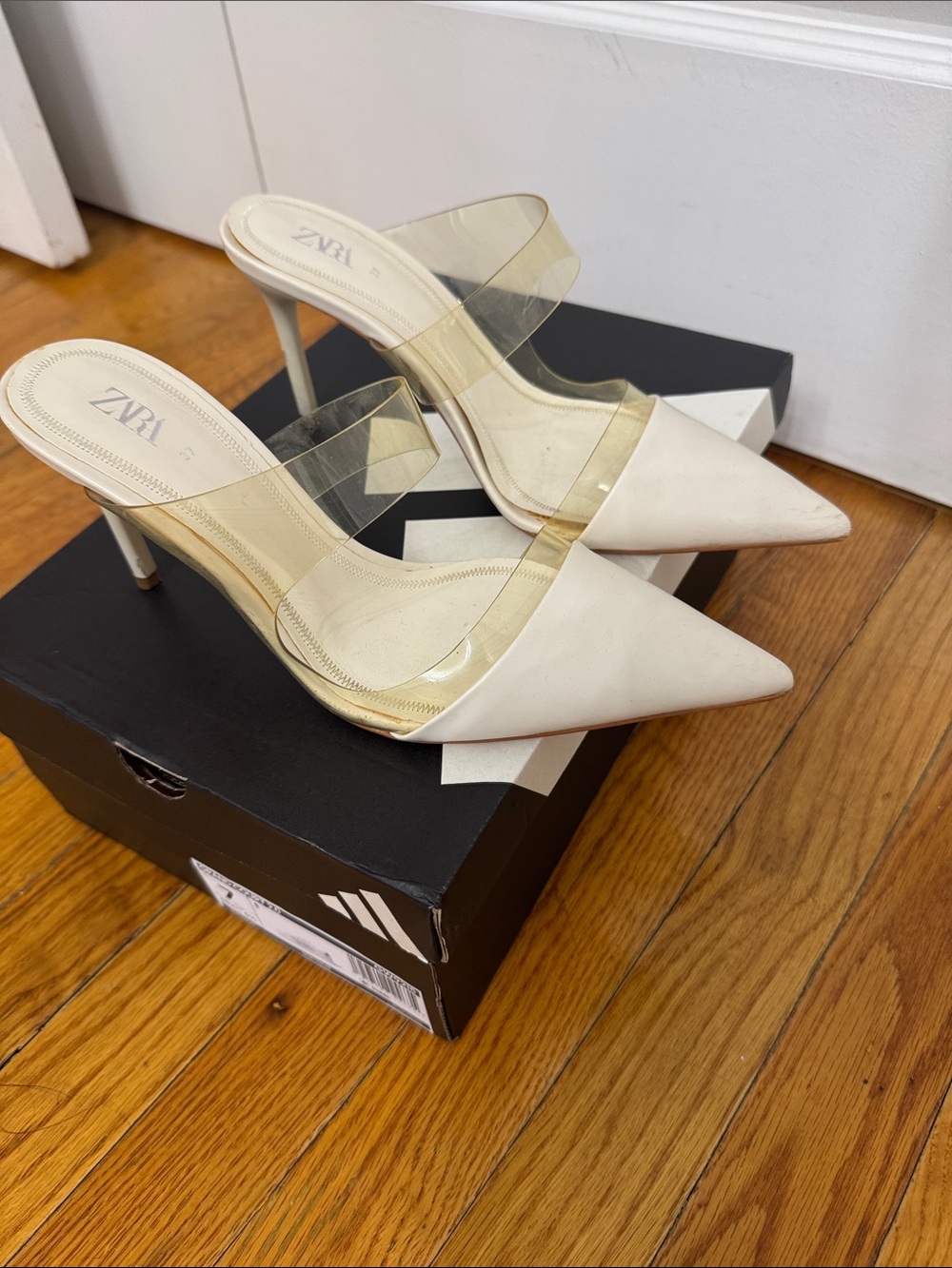 Zara Cream Pointed-Toe Mules with Clear Straps